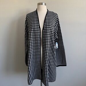 Kasper Black White Geo Check Open Front Longline Cardigan Sweater XL NWT